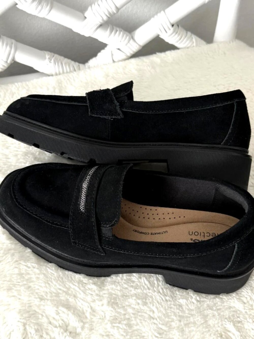 NWOB Clarks Lauryl Step Black Suede Penny Loafers Shoes Size 7 M - Picture 1 of 12